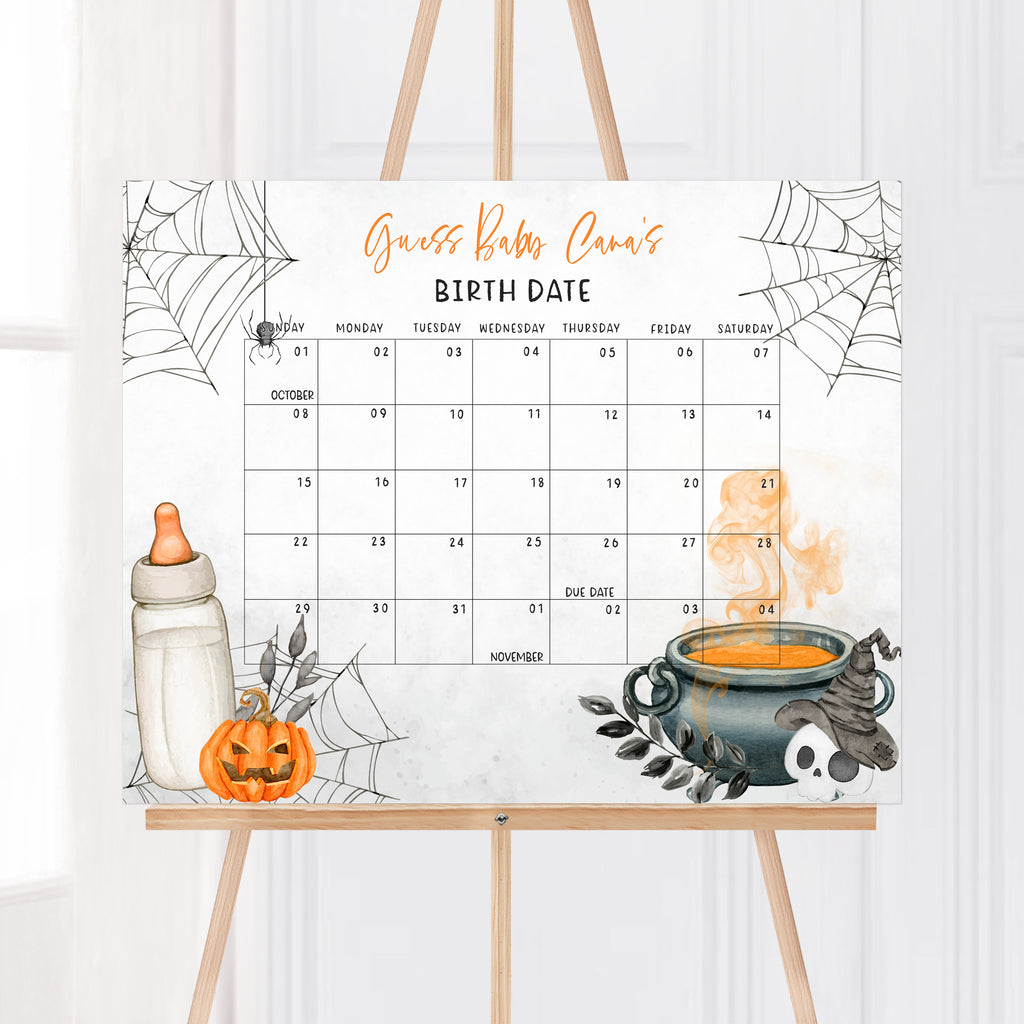Halloween baby shower due date calendar with spooky pumpkin and cauldron theme, printable fall party game
