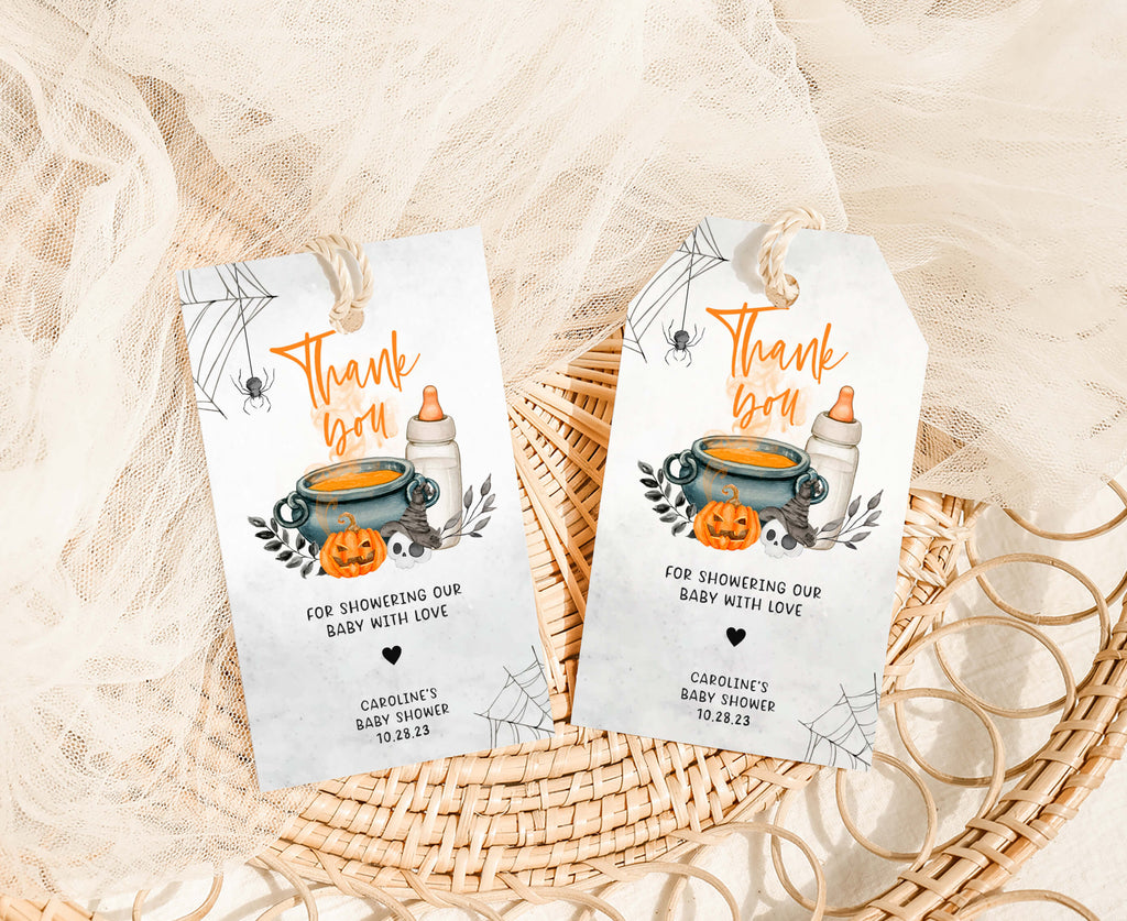 Pumpkin and witch cauldron Halloween baby shower favor tags, printable gender neutral party decoration
