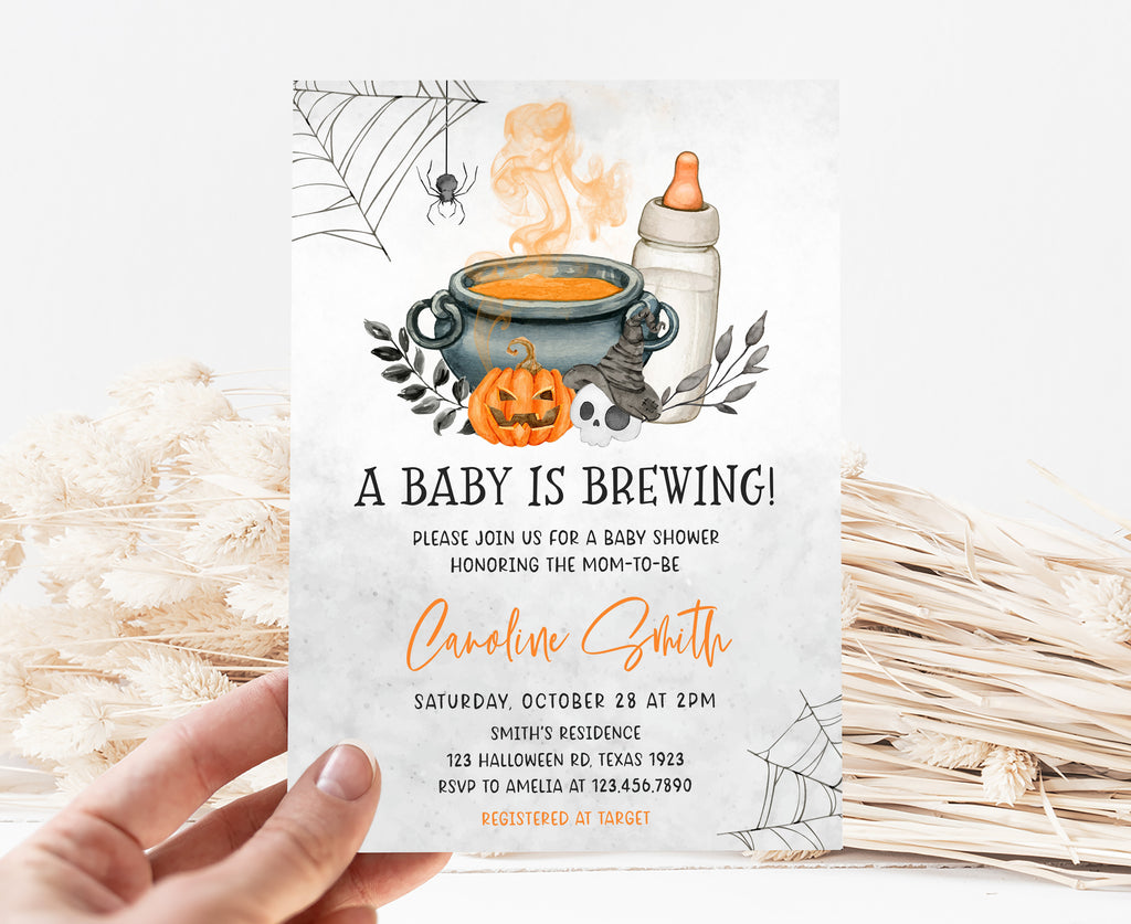 Editable Halloween baby shower invitation template, printable gender neutral fall baby shower invite