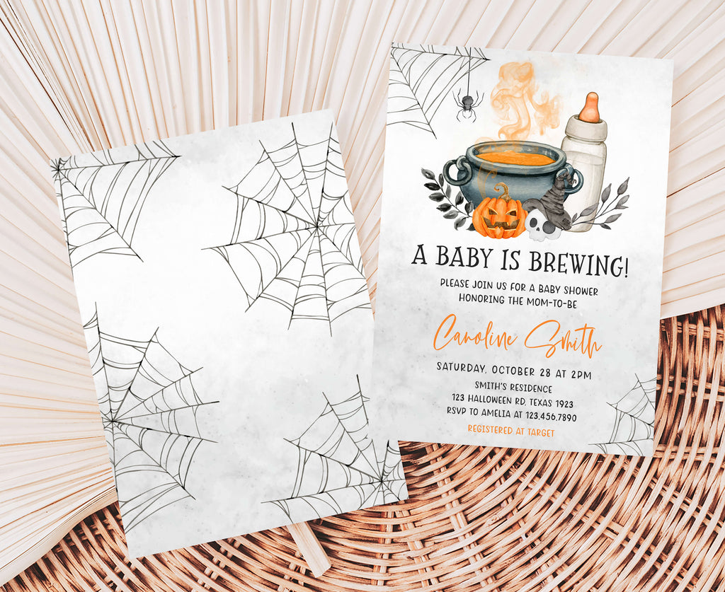 Spooky pumpkin and witch themed baby shower card, digital download Halloween party baby shower invite