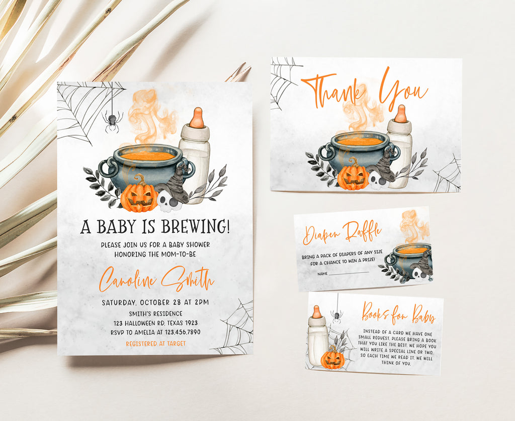 Halloween baby shower invitation set with pumpkin, witch cauldron, and spooky fall theme, printable