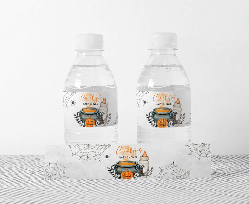Halloween baby shower bottle labels with pumpkin and cauldron design, gender neutral fall party decor