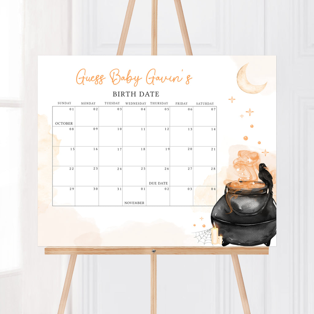 A Baby is Brewing Halloween baby shower due date calendar – gender neutral autumn witch cauldron theme