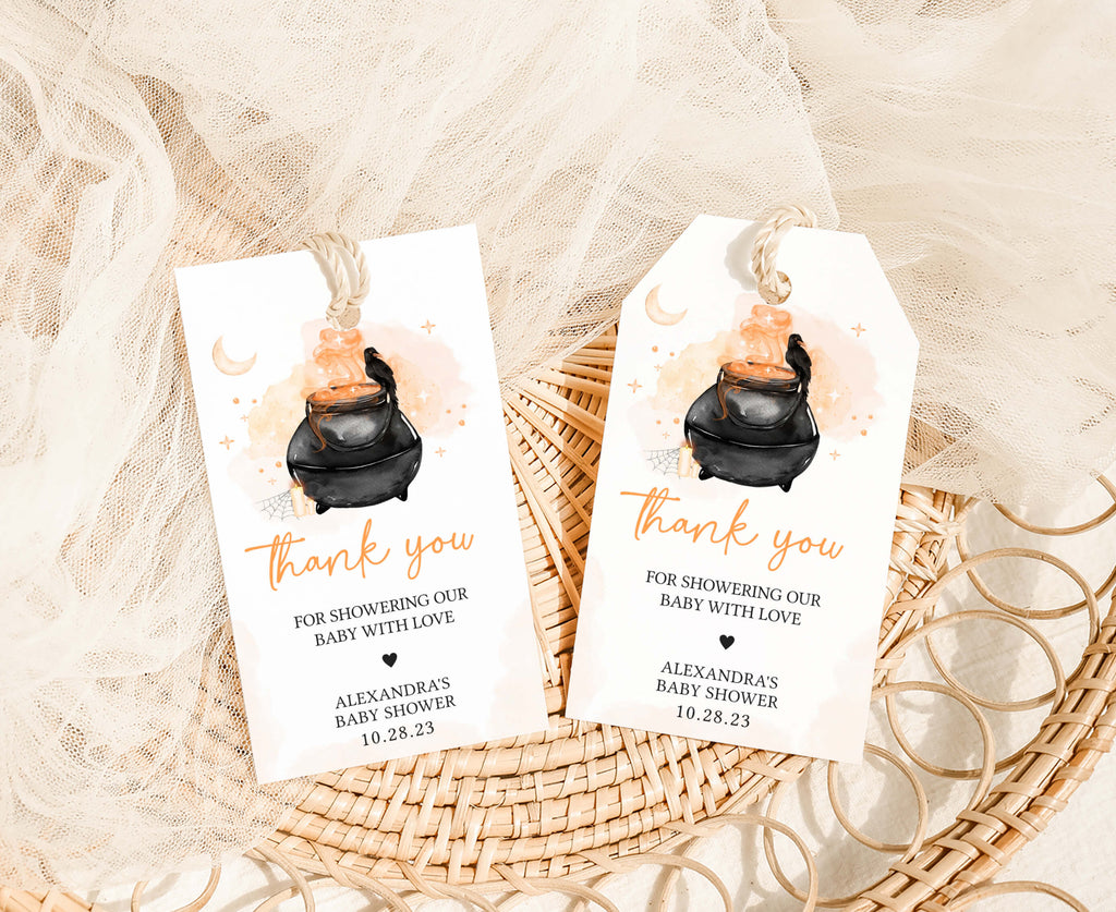 Spooky Halloween baby shower favor tags with witch cauldron and crow – gender neutral party decorations