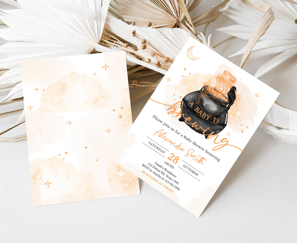 Rustic witch cauldron baby shower announcement card