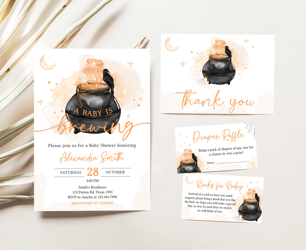 Halloween baby shower invitation set with witch cauldron and moon – gender neutral autumn design