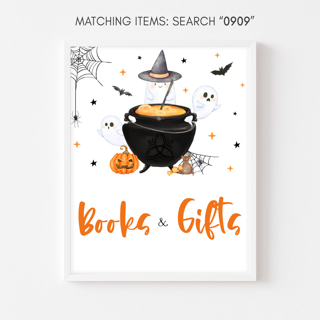 Spooky Halloween baby shower Books and Gifts sign with pumpkins & ghosts – gender neutral autumn design