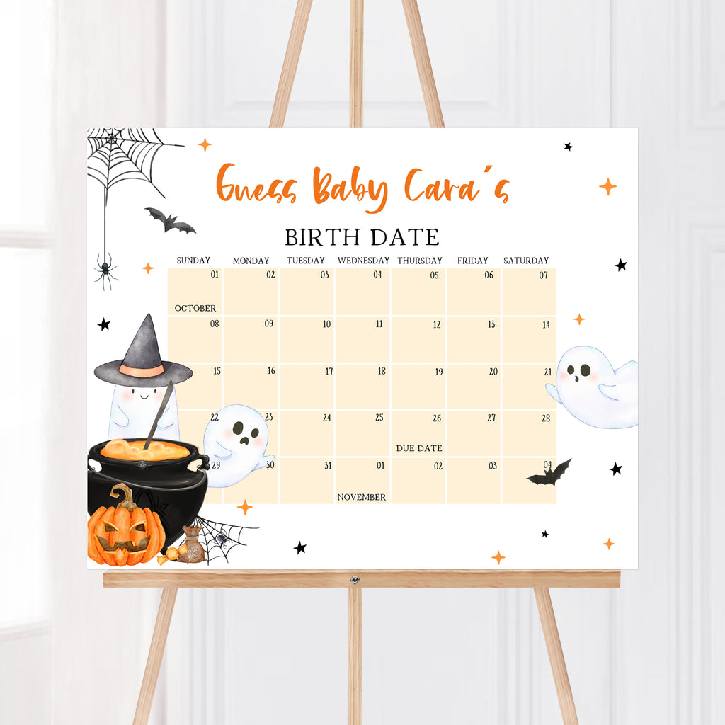 Spooky Halloween baby shower due date calendar with pumpkins, ghosts & cauldron – gender neutral autumn party game