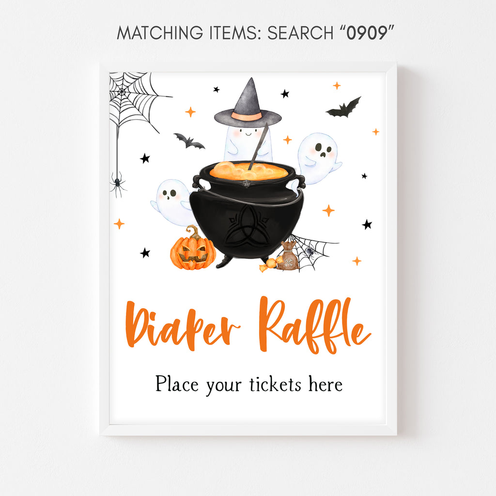 Halloween baby shower diaper raffle sign with ghost, pumpkin & spiderweb – gender neutral spooky printable