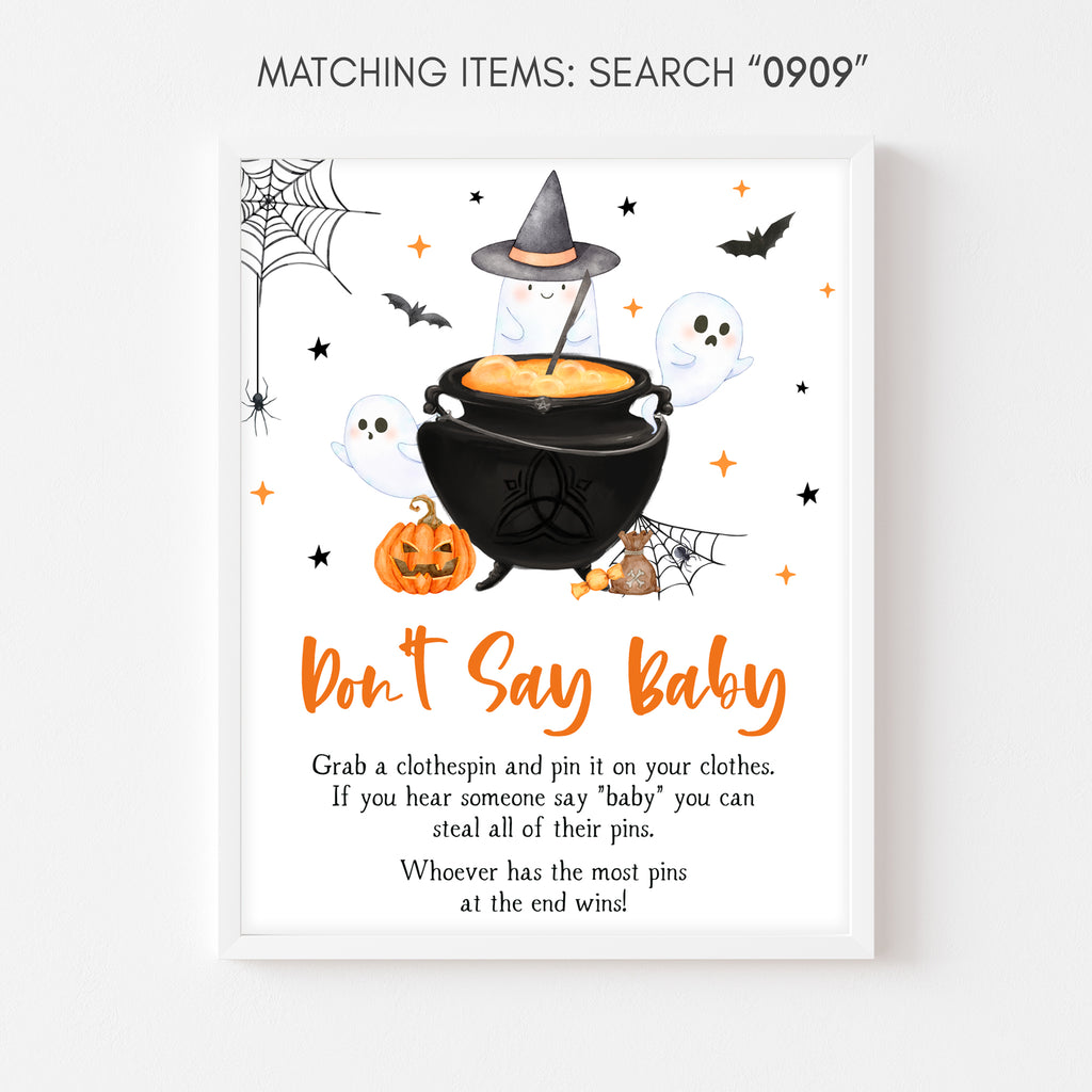 Halloween baby shower Don’t Say Baby game sign with pumpkins, ghosts & witch cauldron – gender neutral theme
