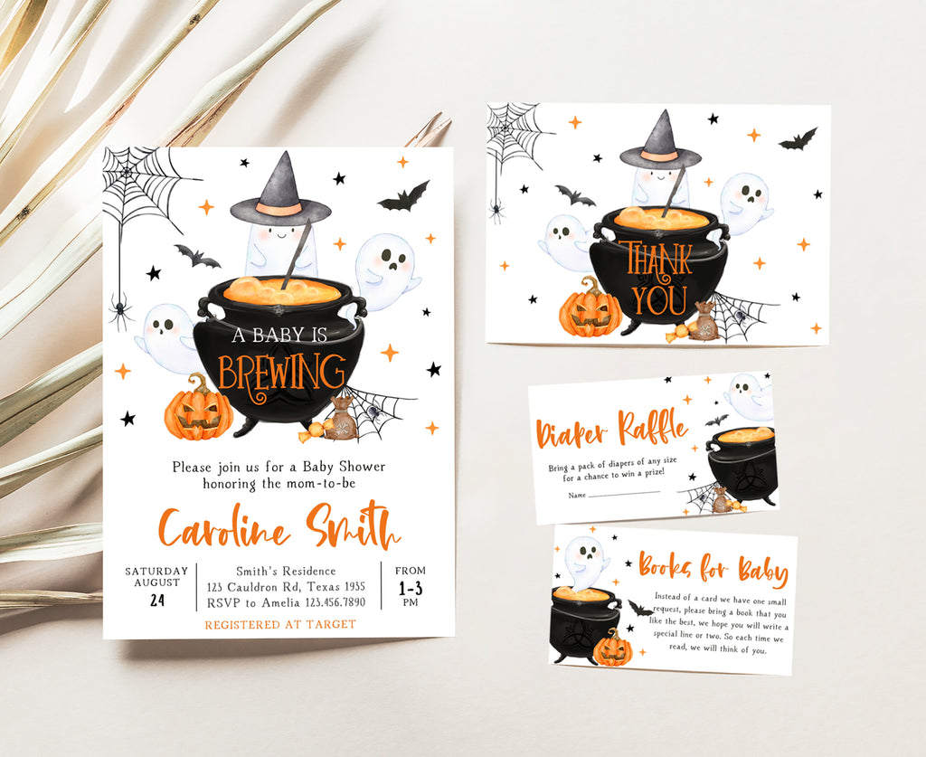 Printable Halloween baby shower invitation set with ghost, pumpkin & cauldron – gender neutral spooky autumn theme