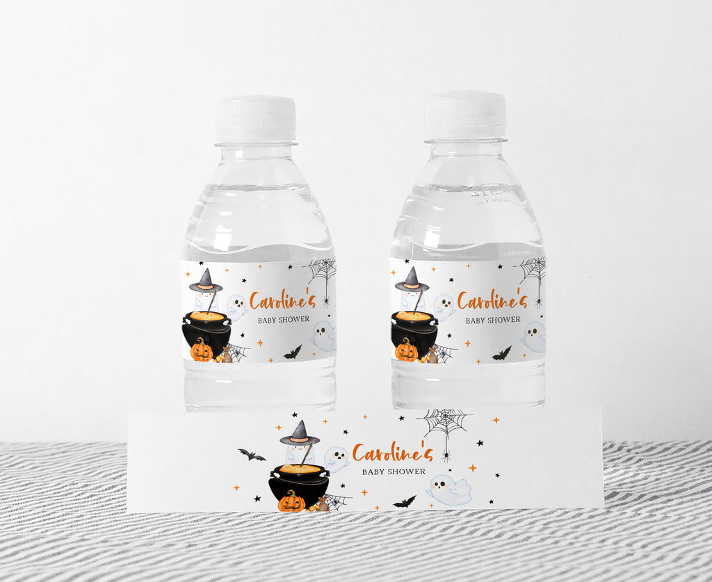 Halloween baby shower bottle labels with ghost, pumpkin & cauldron design – gender neutral A Baby is Brewing theme