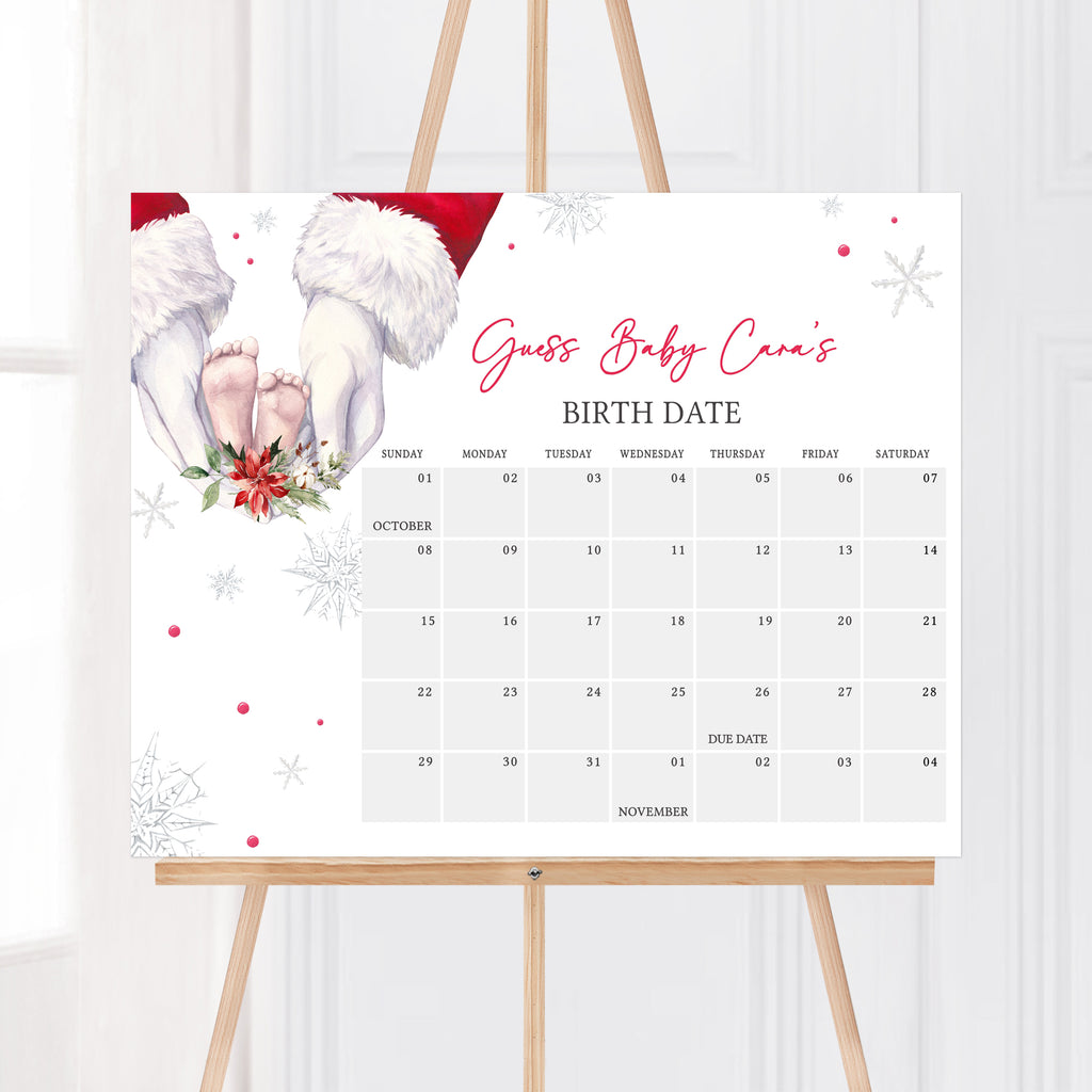 Christmas baby shower due date calendar, winter holiday theme, printable neutral baby guessing game