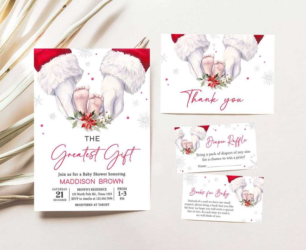 Christmas baby shower invitation set, holiday printable bundle, gender neutral winter baby shower design