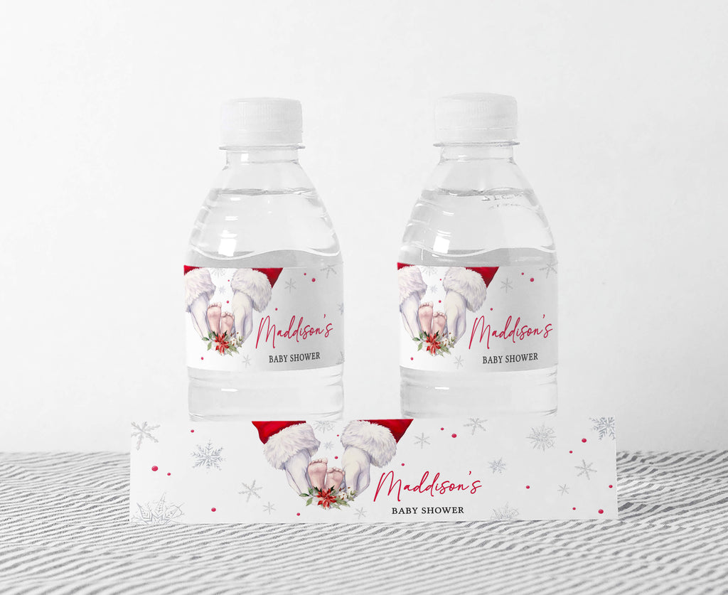 Christmas baby shower bottle labels, festive gender neutral holiday design, printable party decoration