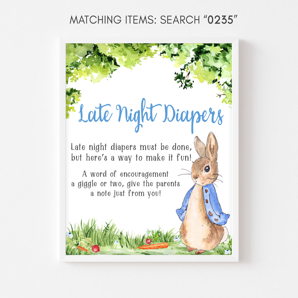 Peter Rabbit Baby Shower Late Night Diapers Sign