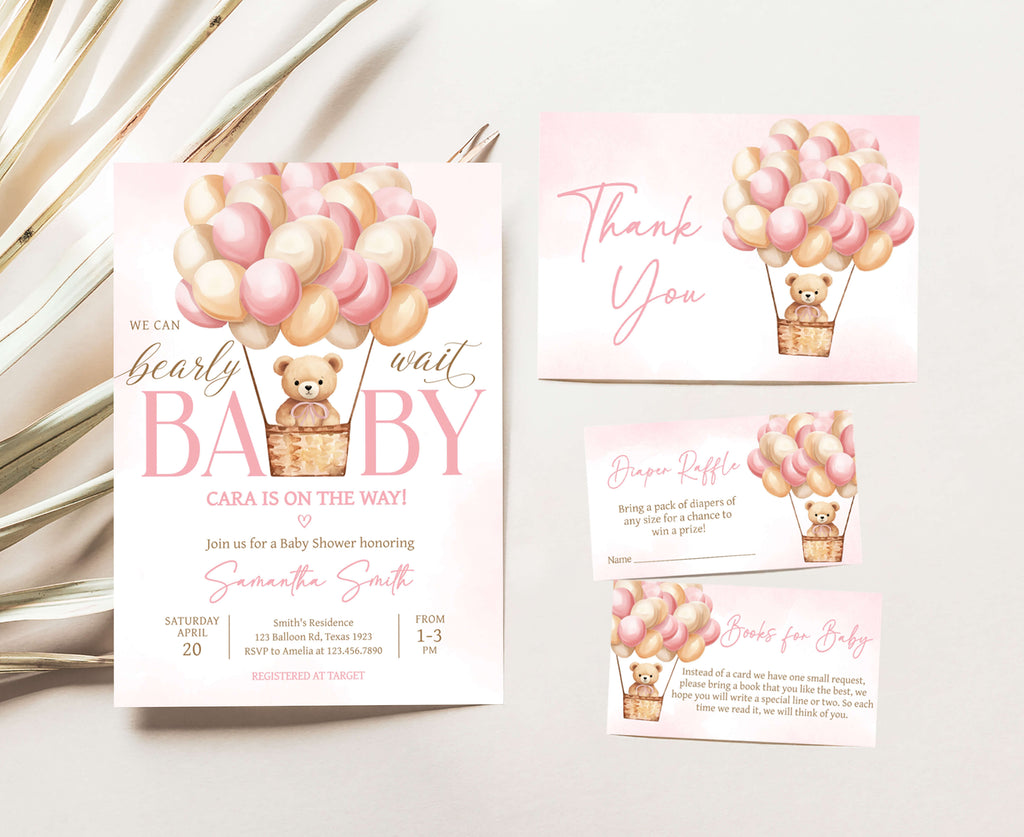 Girl Bear Balloon Baby Shower Invitation Set