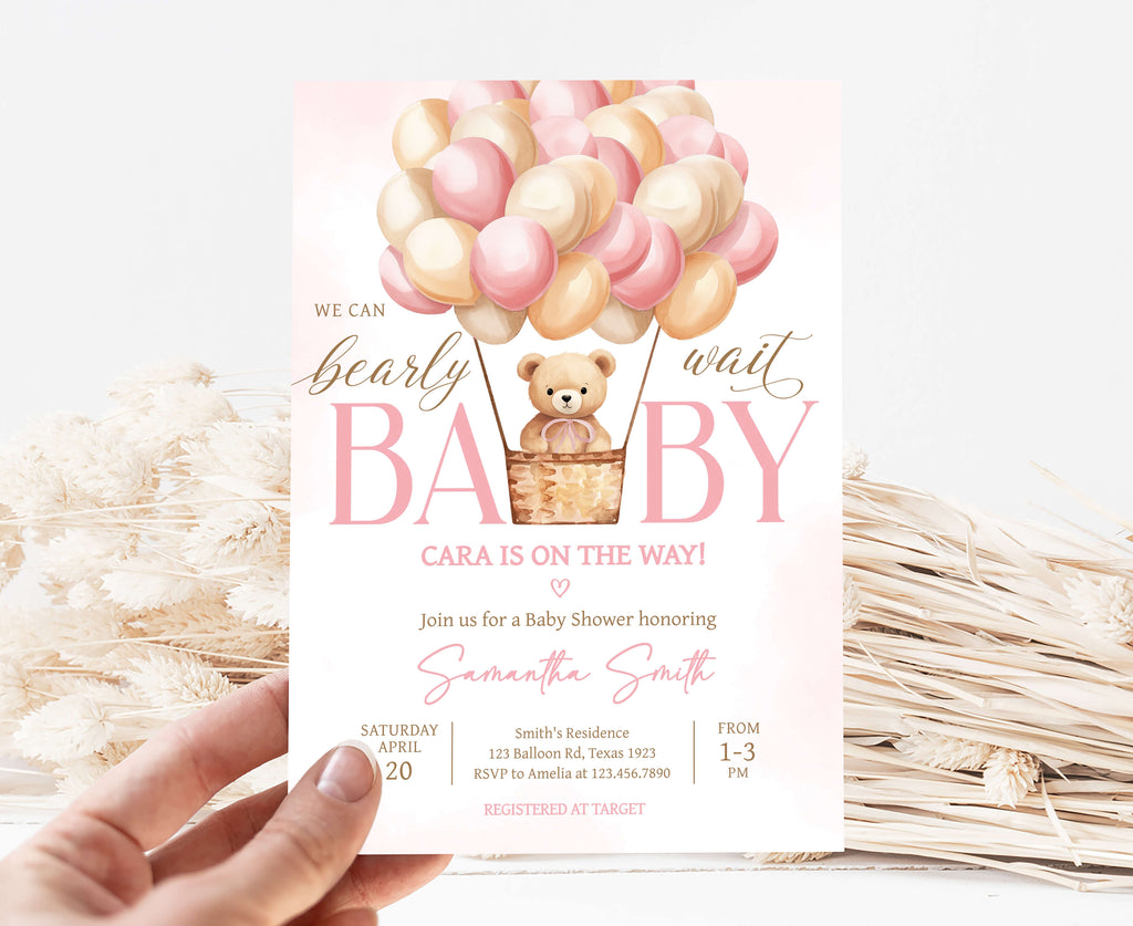 Girl Bear Balloon Baby Shower Invitation