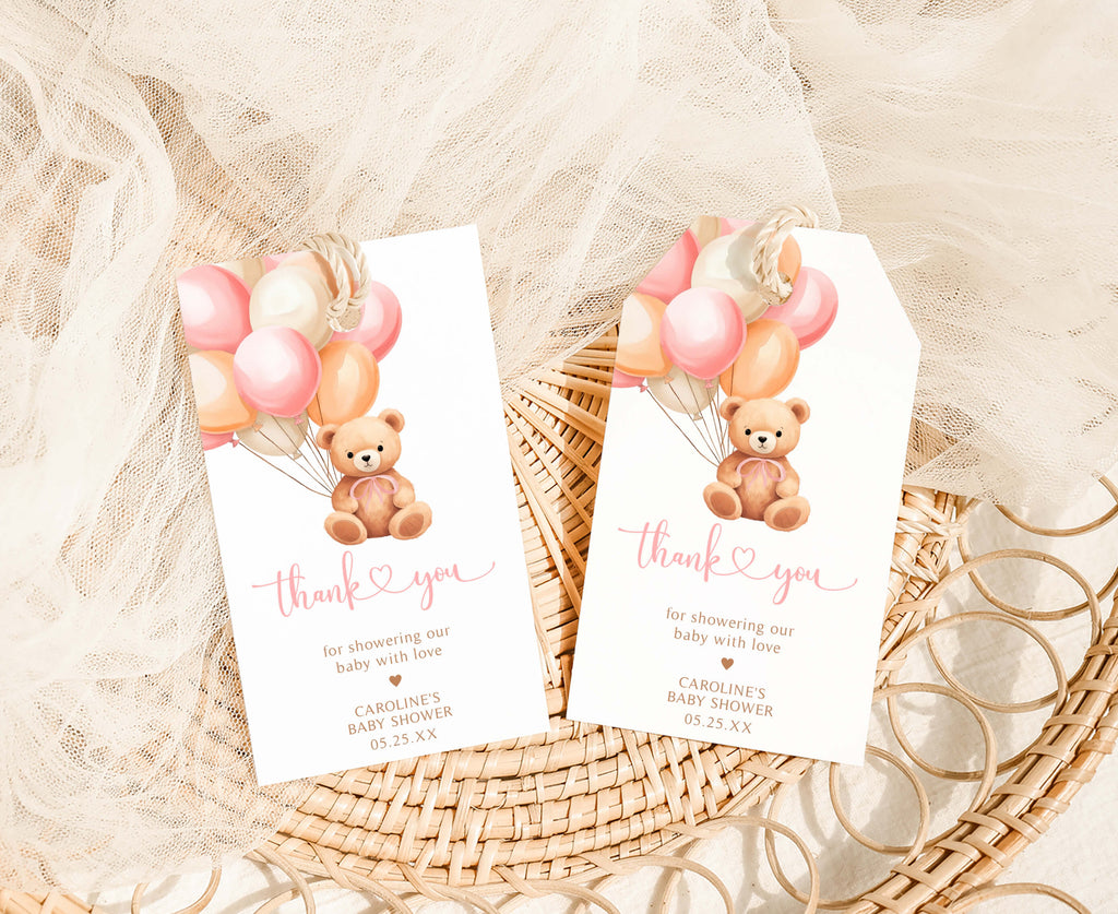 Pink Bear Balloon Baby Shower Favor Tag