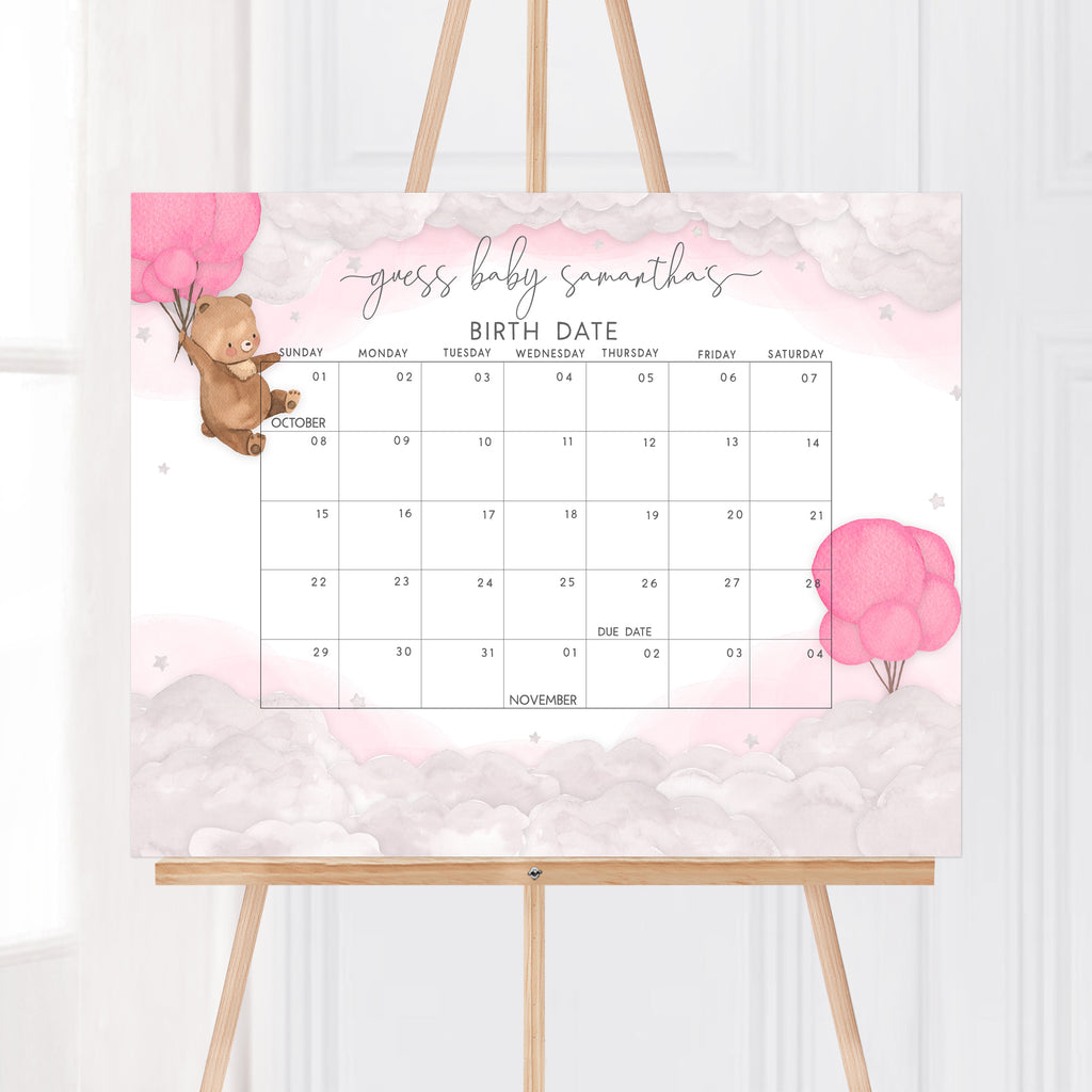 Pink Balloon Bear Baby Shower Due Date Calendar