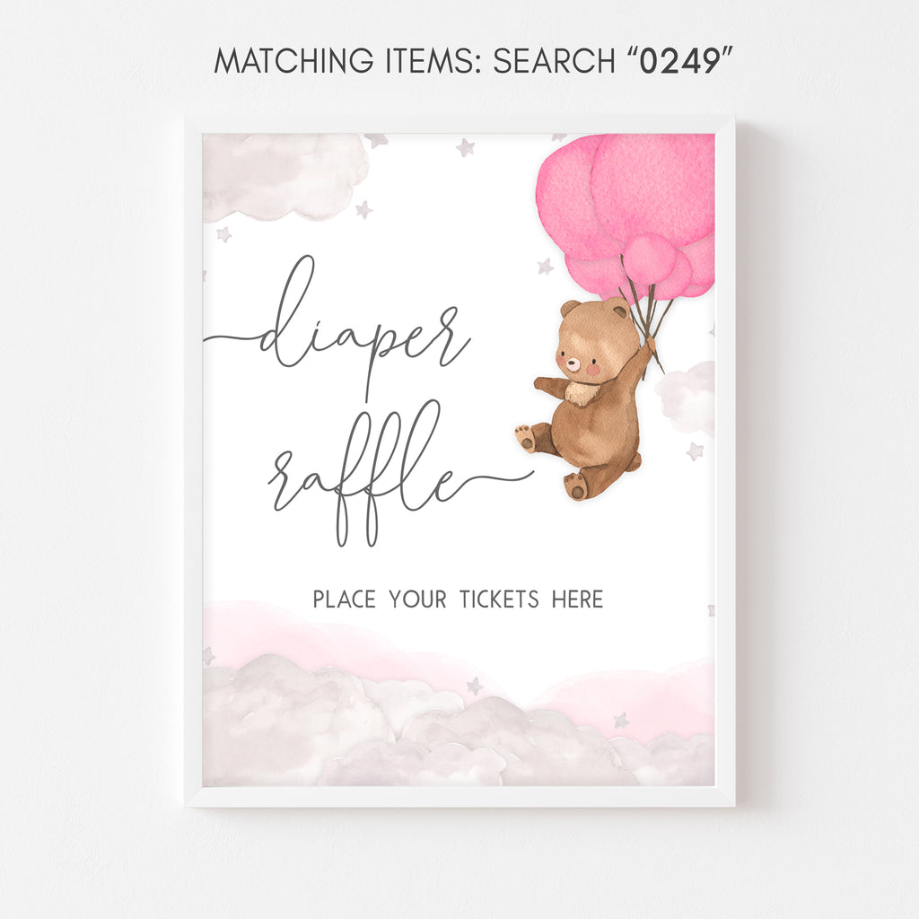 Pink Balloon Bear Baby Shower Diaper Raffle Sign