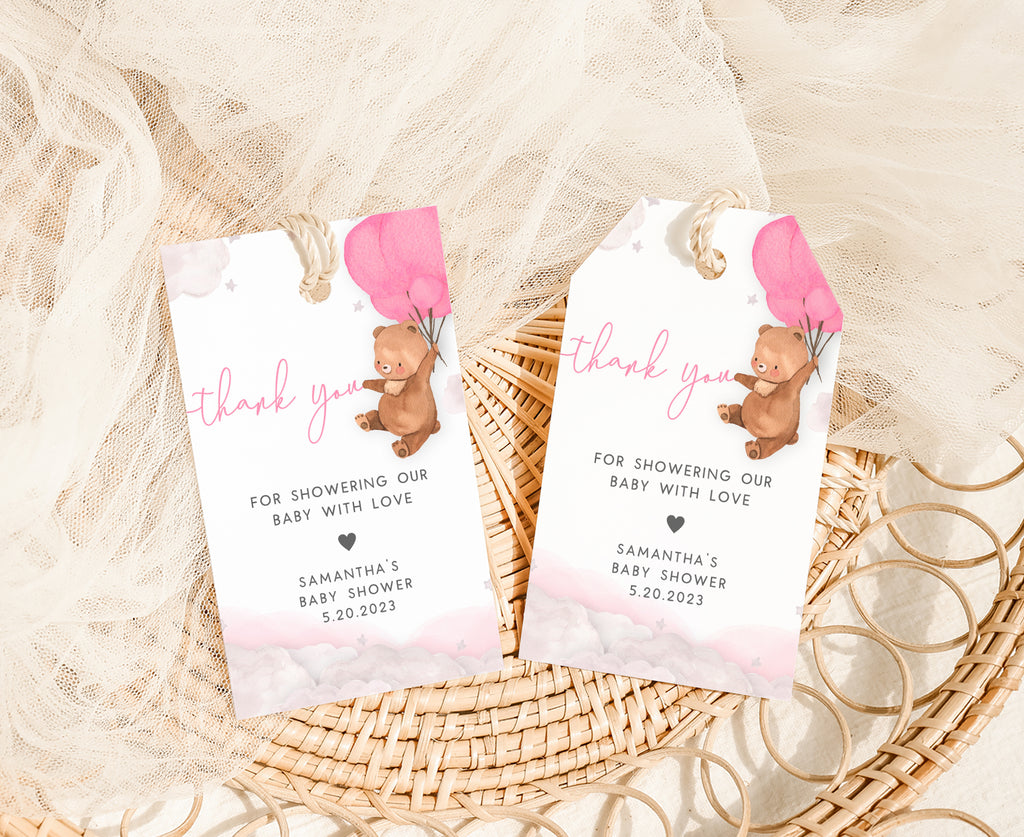 Pink Balloon Bear Baby Shower Favor Tag