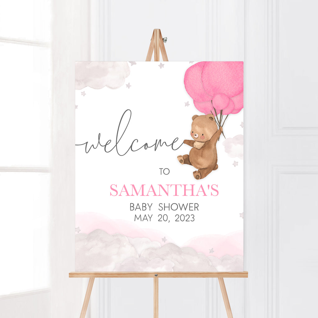 Pink Balloon Bear Baby Shower Welcome Sign