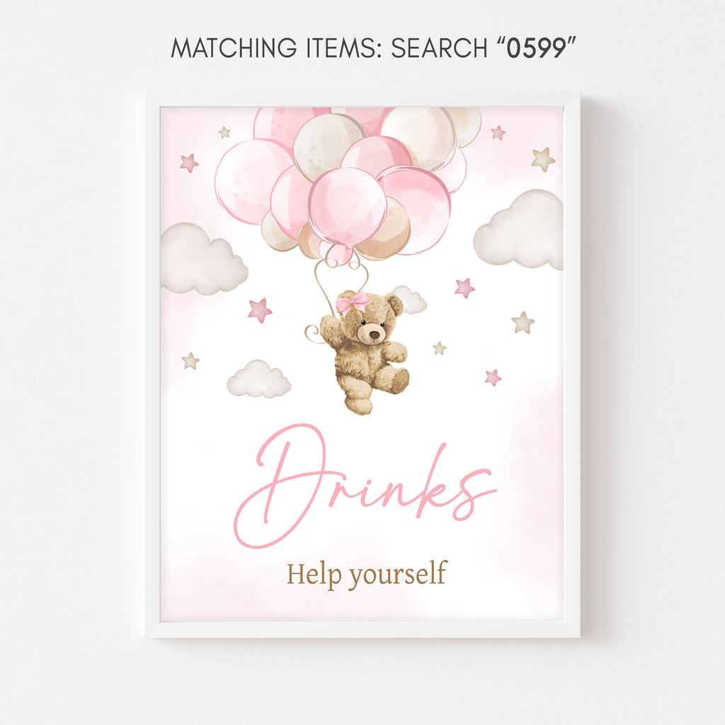 Pink Bear Balloon Baby Shower Drinks Sign