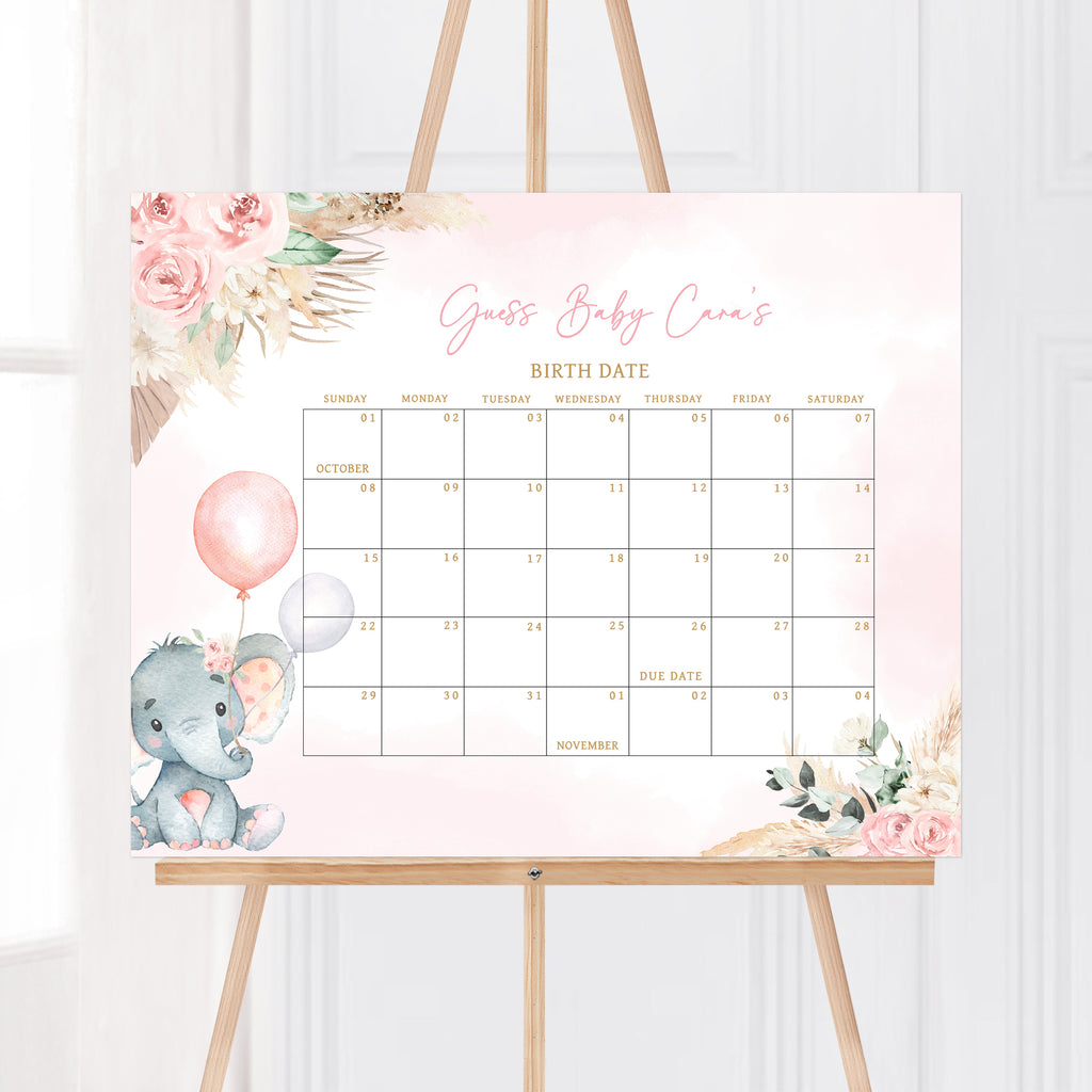 Pink Boho Elephant Baby Shower Due Date Calendar