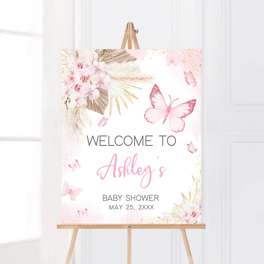 Pink Boho Butterfly Baby Shower Welcome Sign