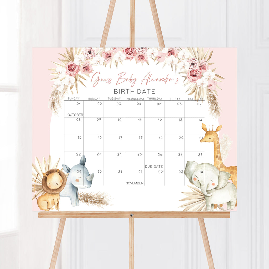 Boho Safari Baby Shower Due Date Calendar