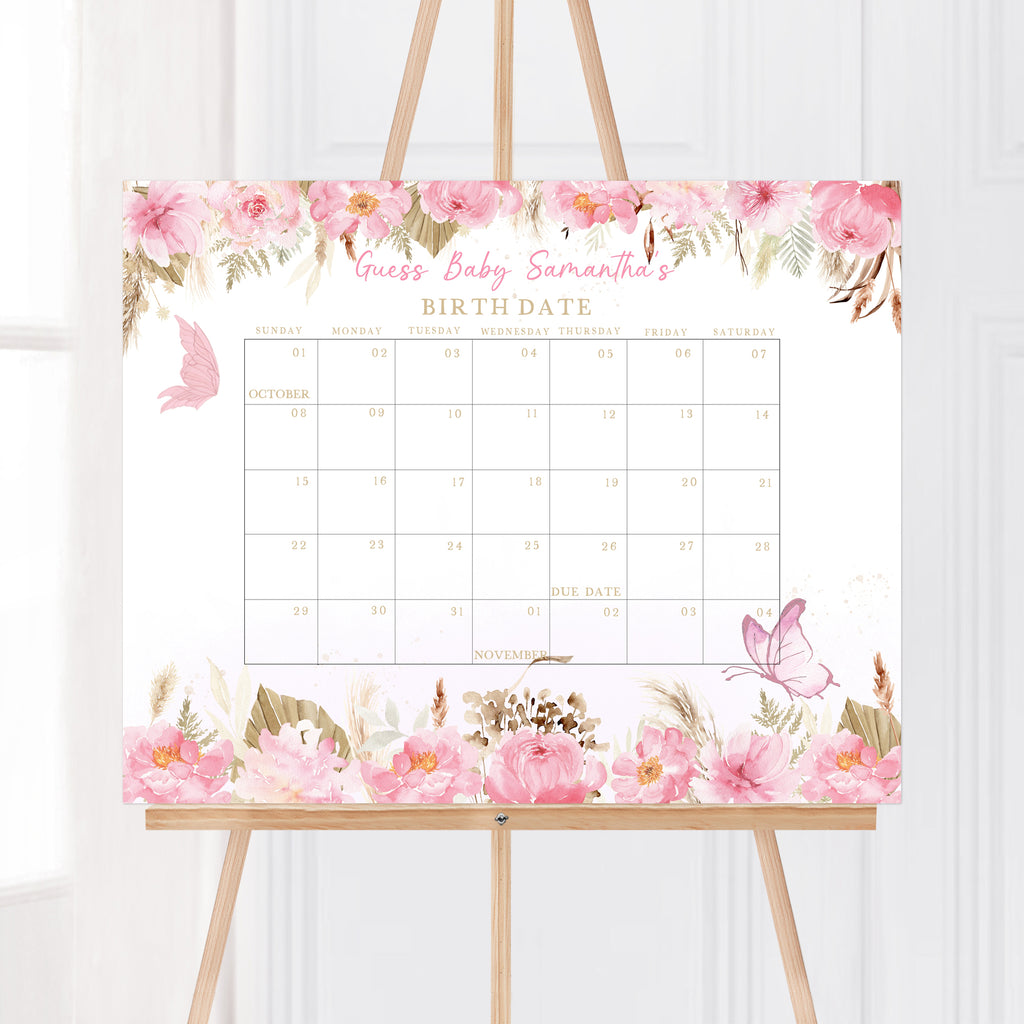 Pink Boho Butterfly Baby Shower Due Date Calendar
