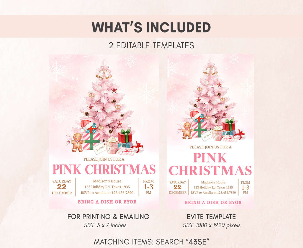 Digital pink holiday invitation template for Christmas gatherings
