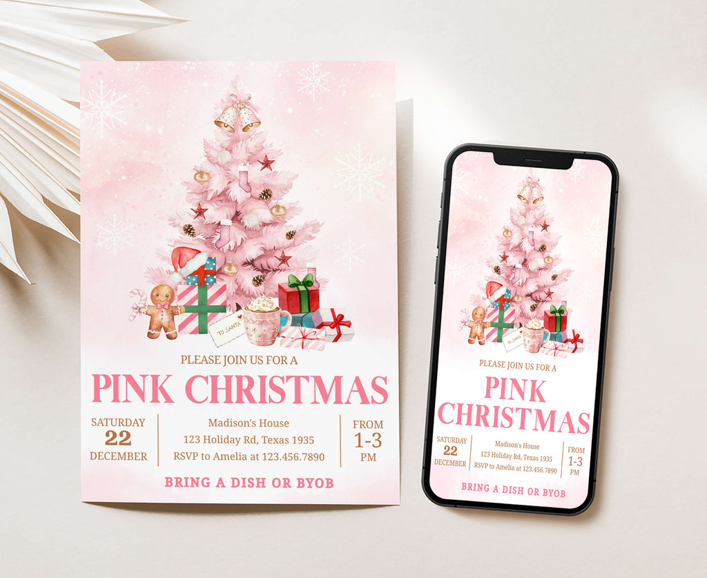 Cute pink Christmas tree invitation with watercolor ornaments