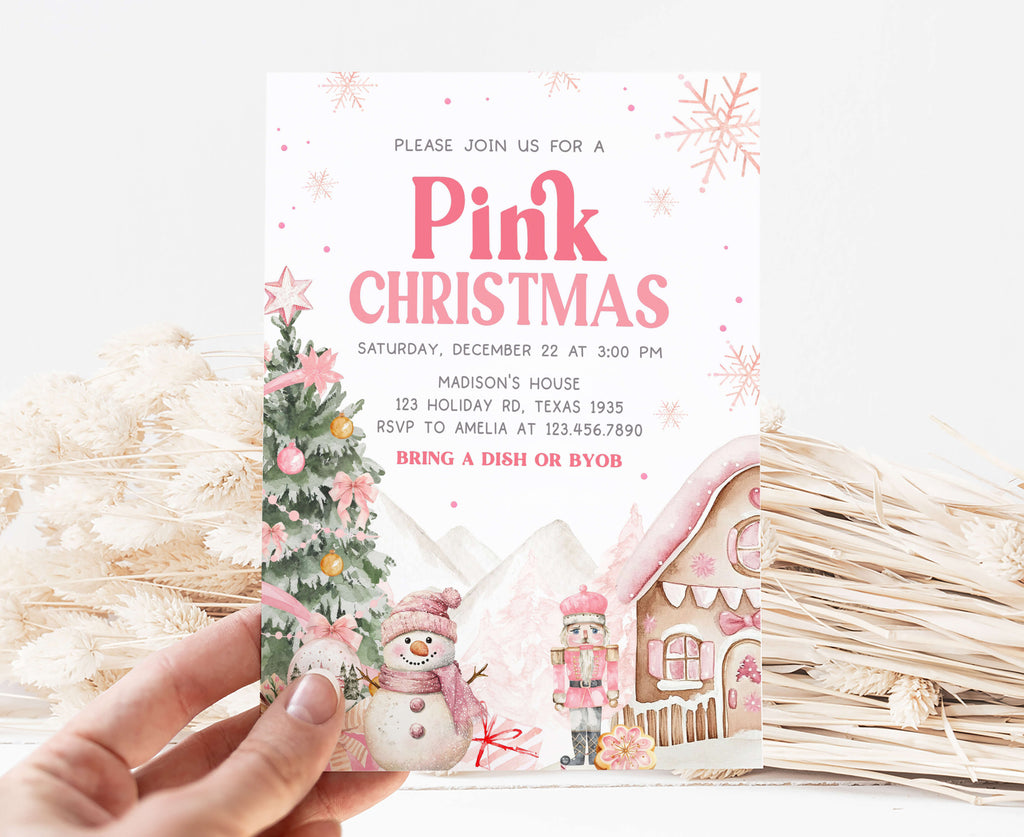 Printable pink Christmas party invitation with snowman and nutcracker design