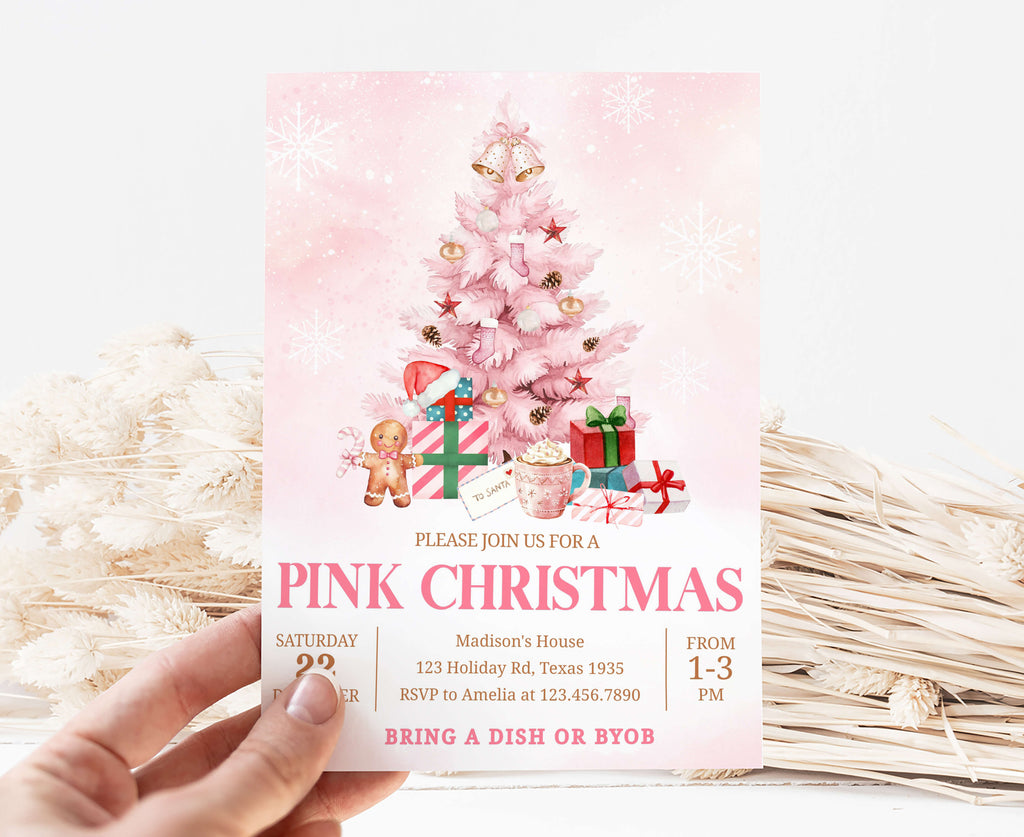 Printable pink Christmas party invitation with tree and festive gifts