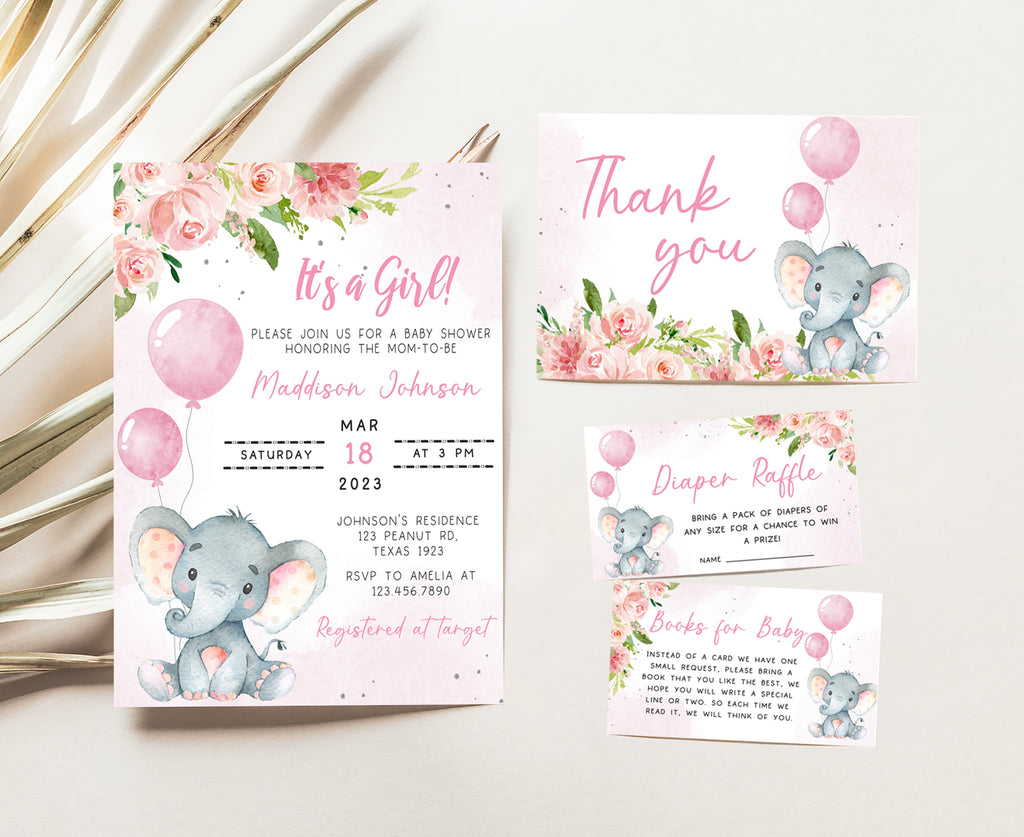 Girl Elephant Baby Shower Invitation Set