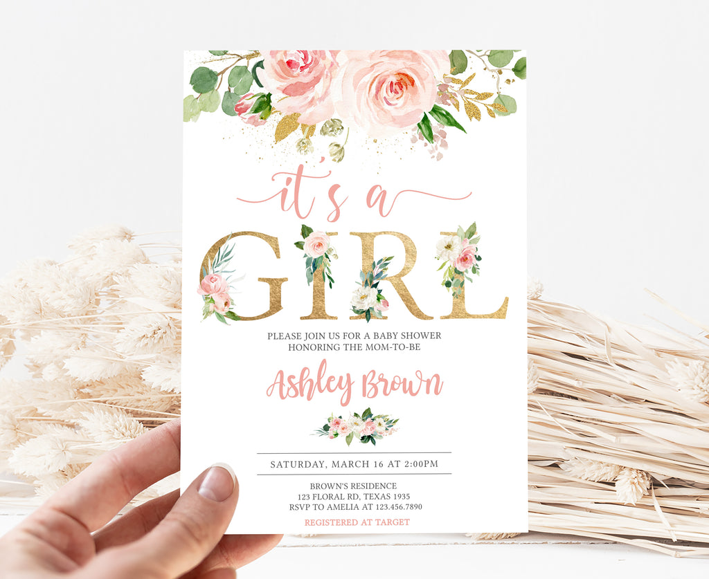 It's a Girl Blush Pink Floral Baby Shower Invitation