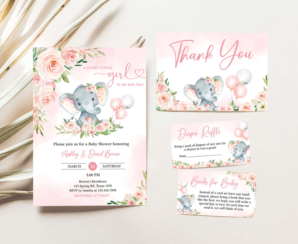 Floral Elephant Baby Shower Invitation Set