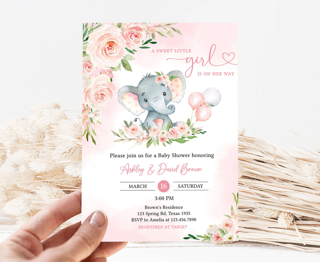 Floral Elephant Baby Shower Invitation