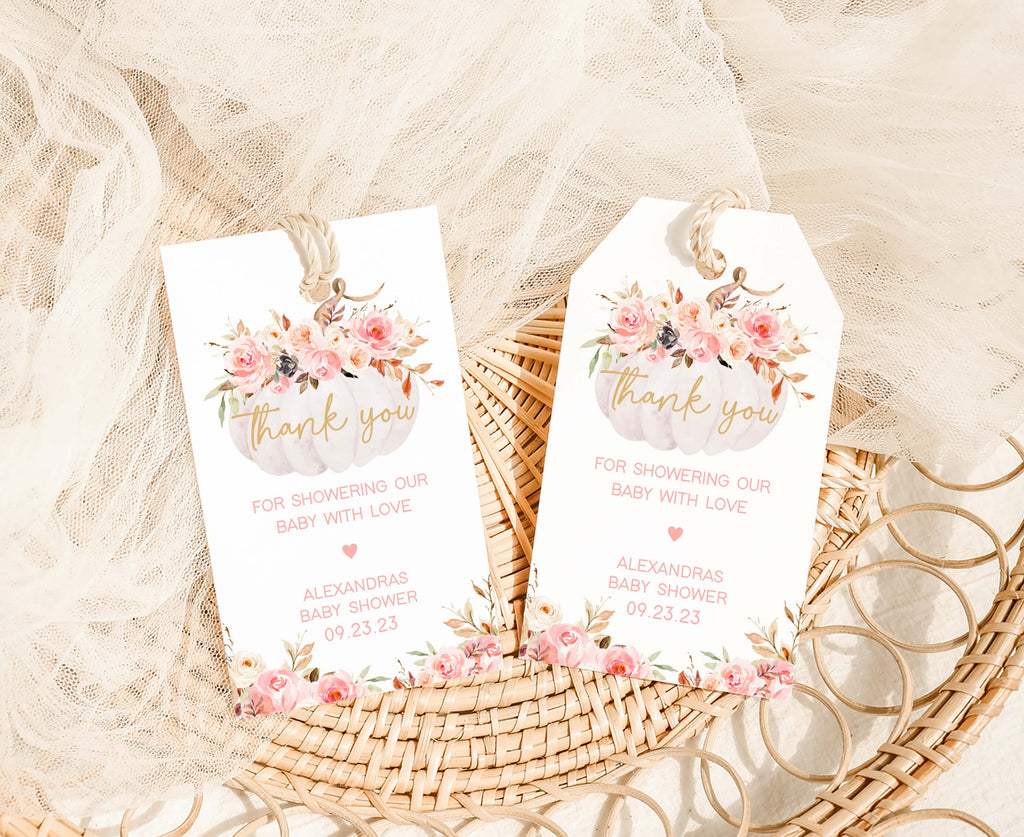 Pink Floral Pumpkin Baby Shower Favor Tag