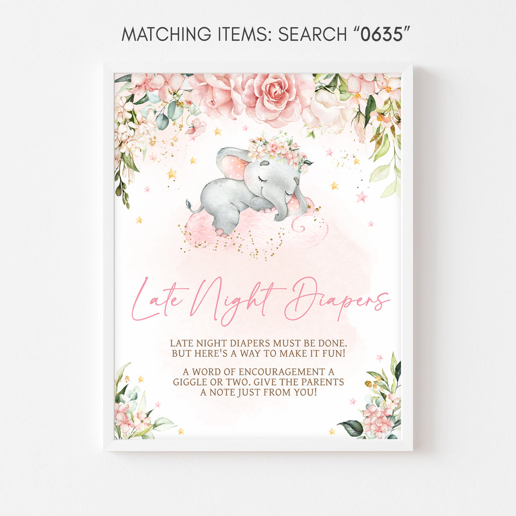 Pink Floral Elephant Baby Shower Late Night Diapers Sign