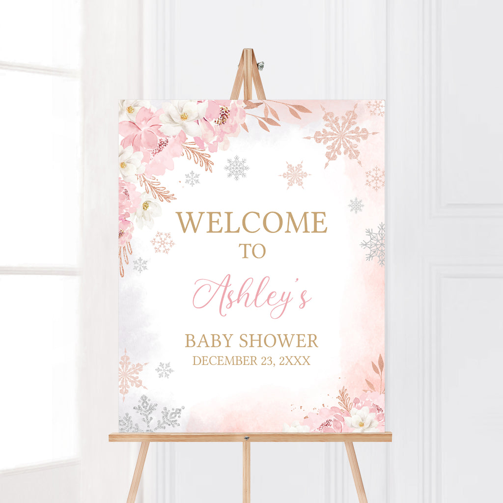 Pink A Little Snowflake Baby Shower Welcome Sign