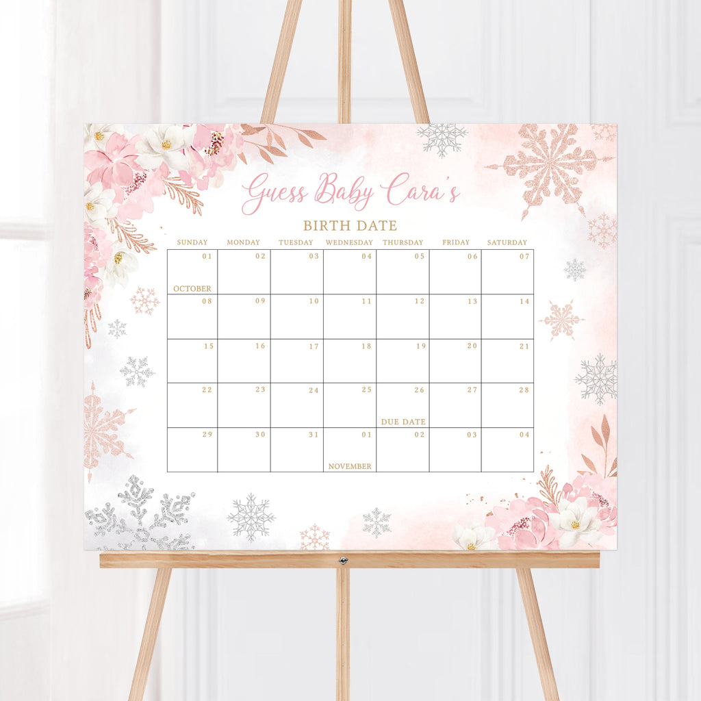 Pink A Little Snowflake Baby Shower Due Date Calendar