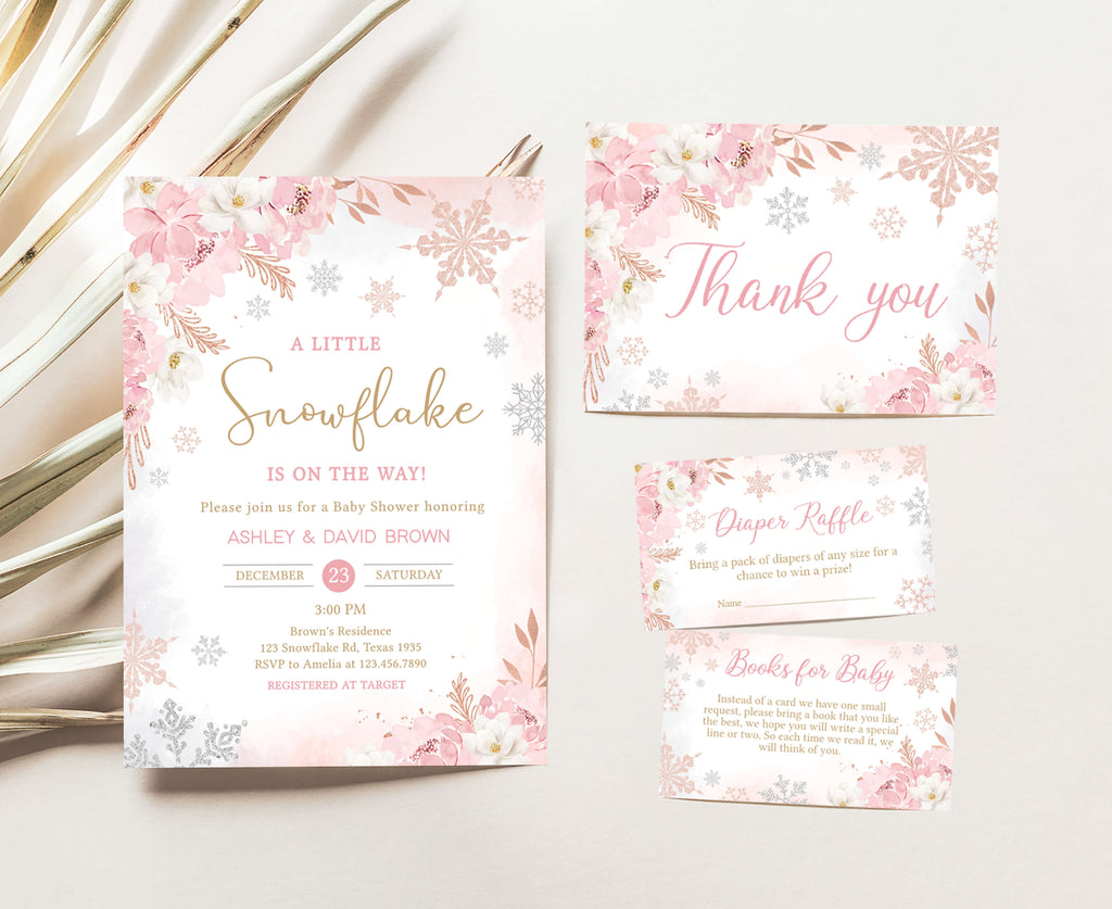 Pink A Little Snowflake Baby Shower Invitation Set
