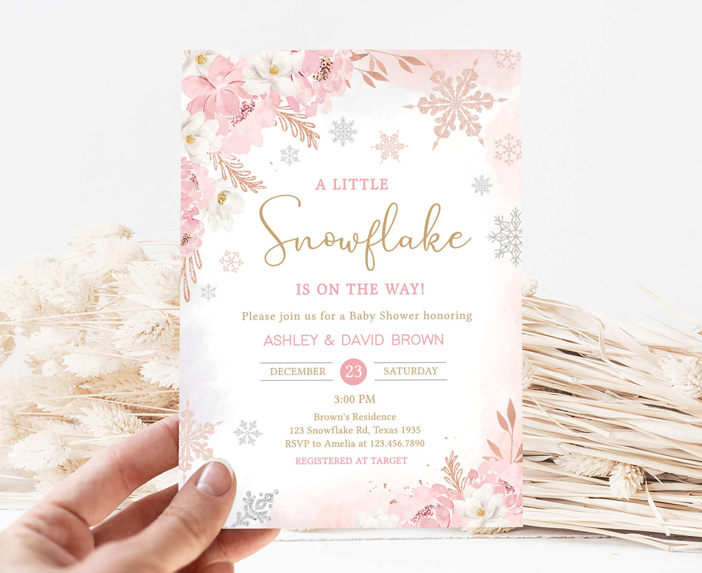 Pink A Little Snowflake Baby Shower Invitation