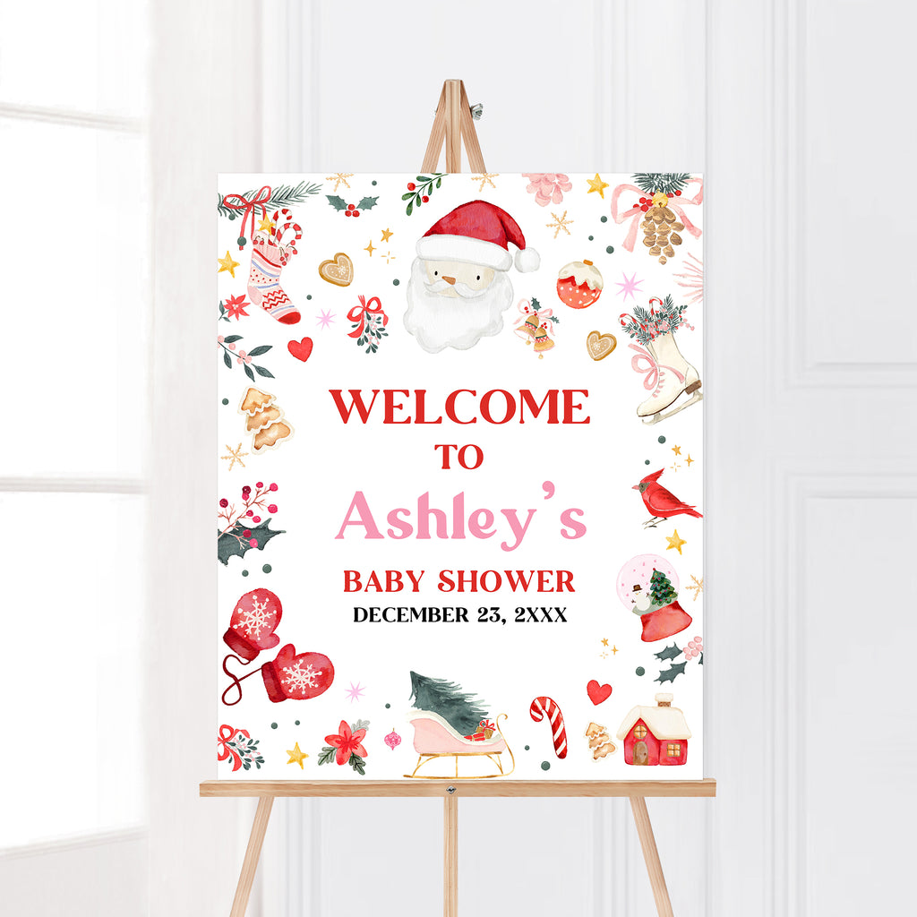 Pink Santa Baby Baby Shower Welcome Sign