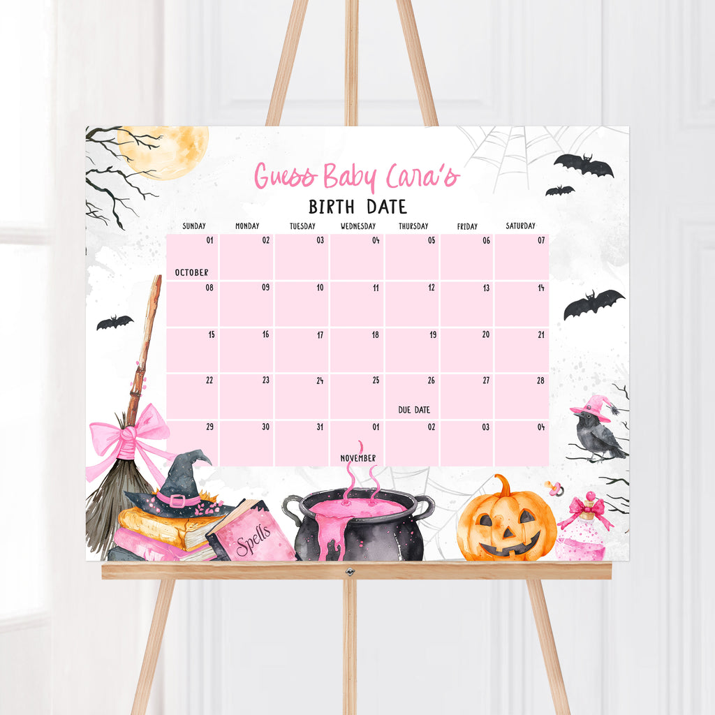 Spooky Halloween baby girl due date calendar with pink cauldron, pumpkin, and witch hat design