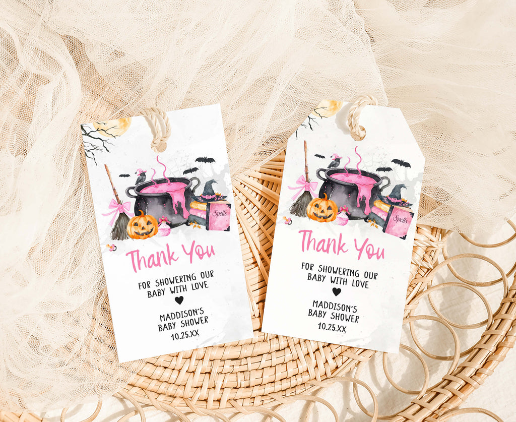 Baby girl is brewing favor tags, pink pumpkin and witch cauldron Halloween baby shower party decor