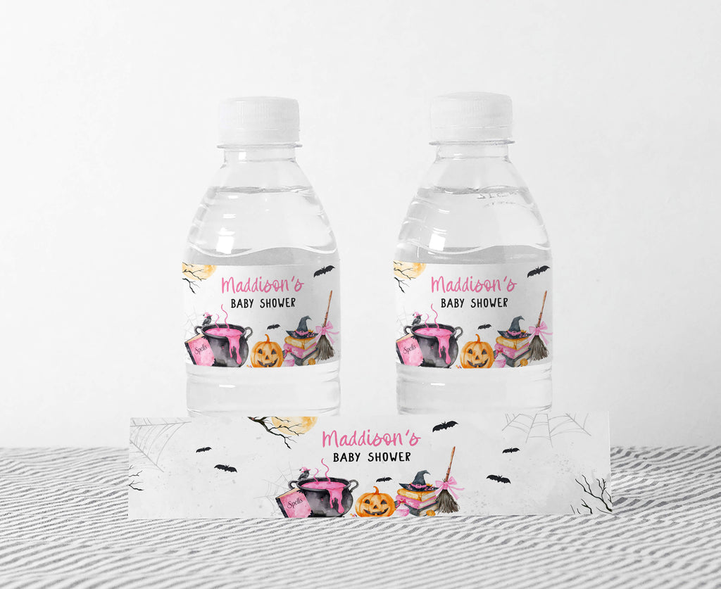 Halloween baby shower bottle labels for girl, pink baby is brewing pumpkin and witch cauldron design